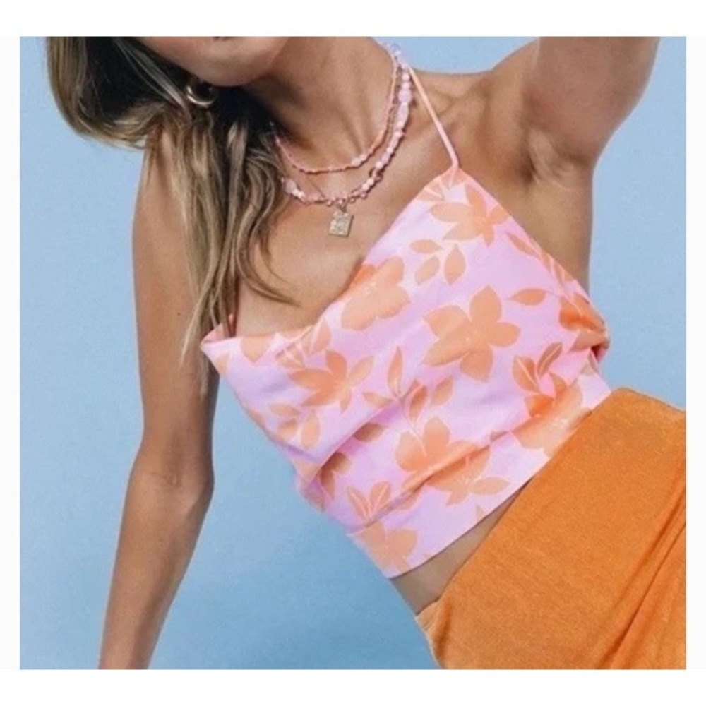 Princess Polly Sz 4 Orange Pink Satin Cowl Neck Halter Crop Top Cami Strappy